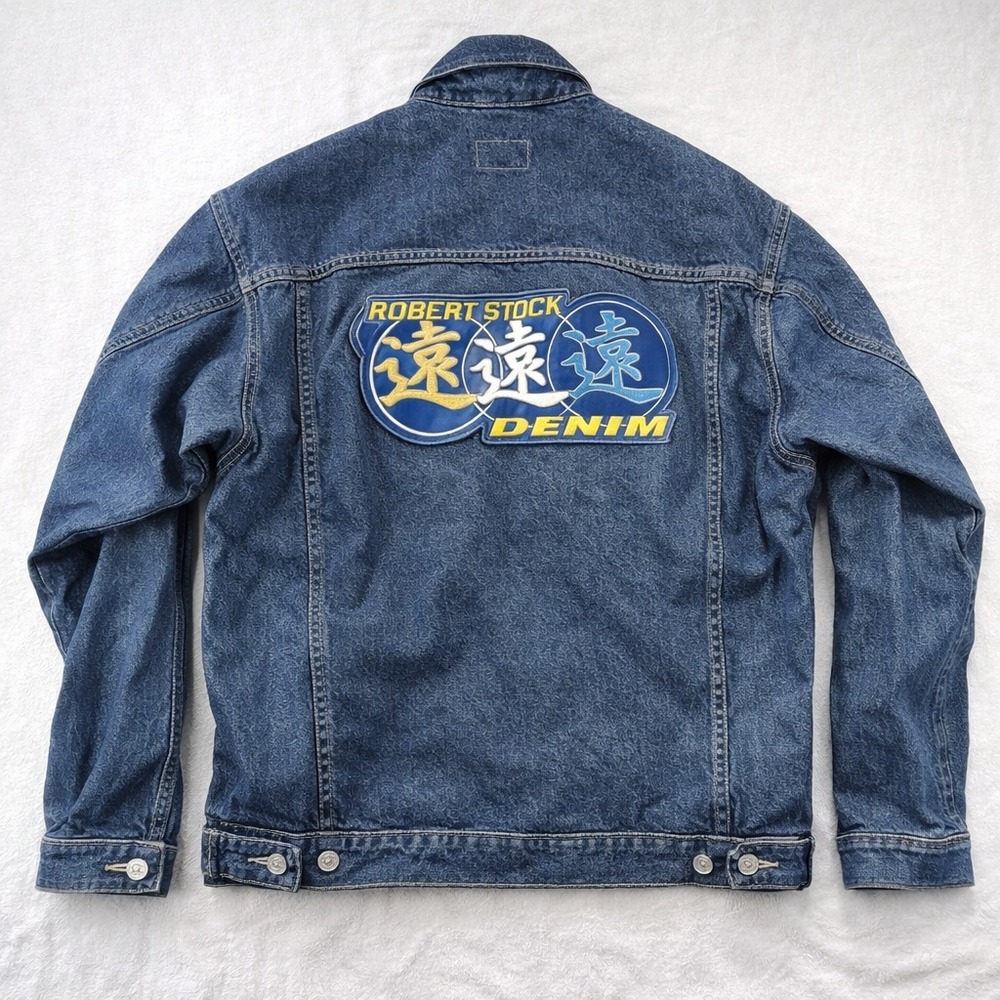 Robert Stock Leather Patch Denim Trucker Jacket XL Kanji Graphic Y2K 90s